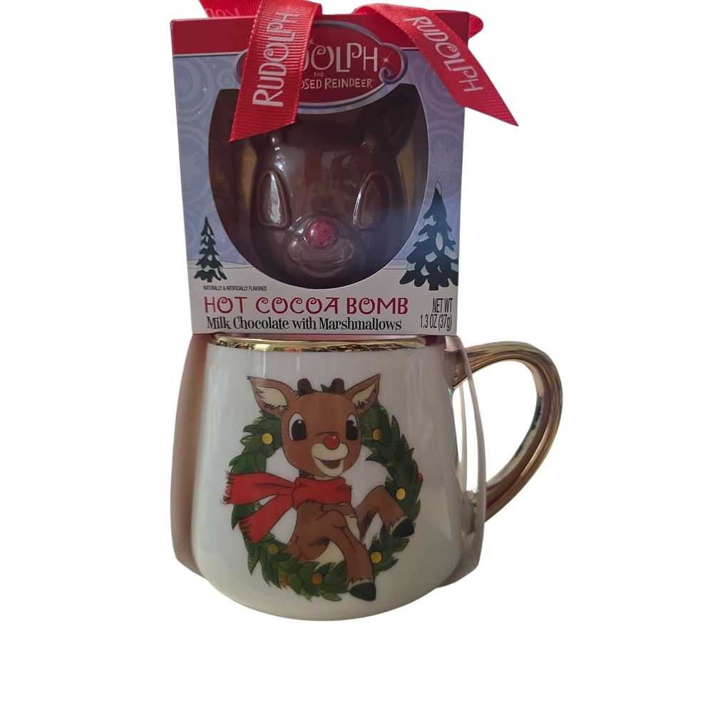 Rudolph The Red Nosed Reindeer Hot Cocoa Bomb Cream/Gold Mug Christmas Wreath